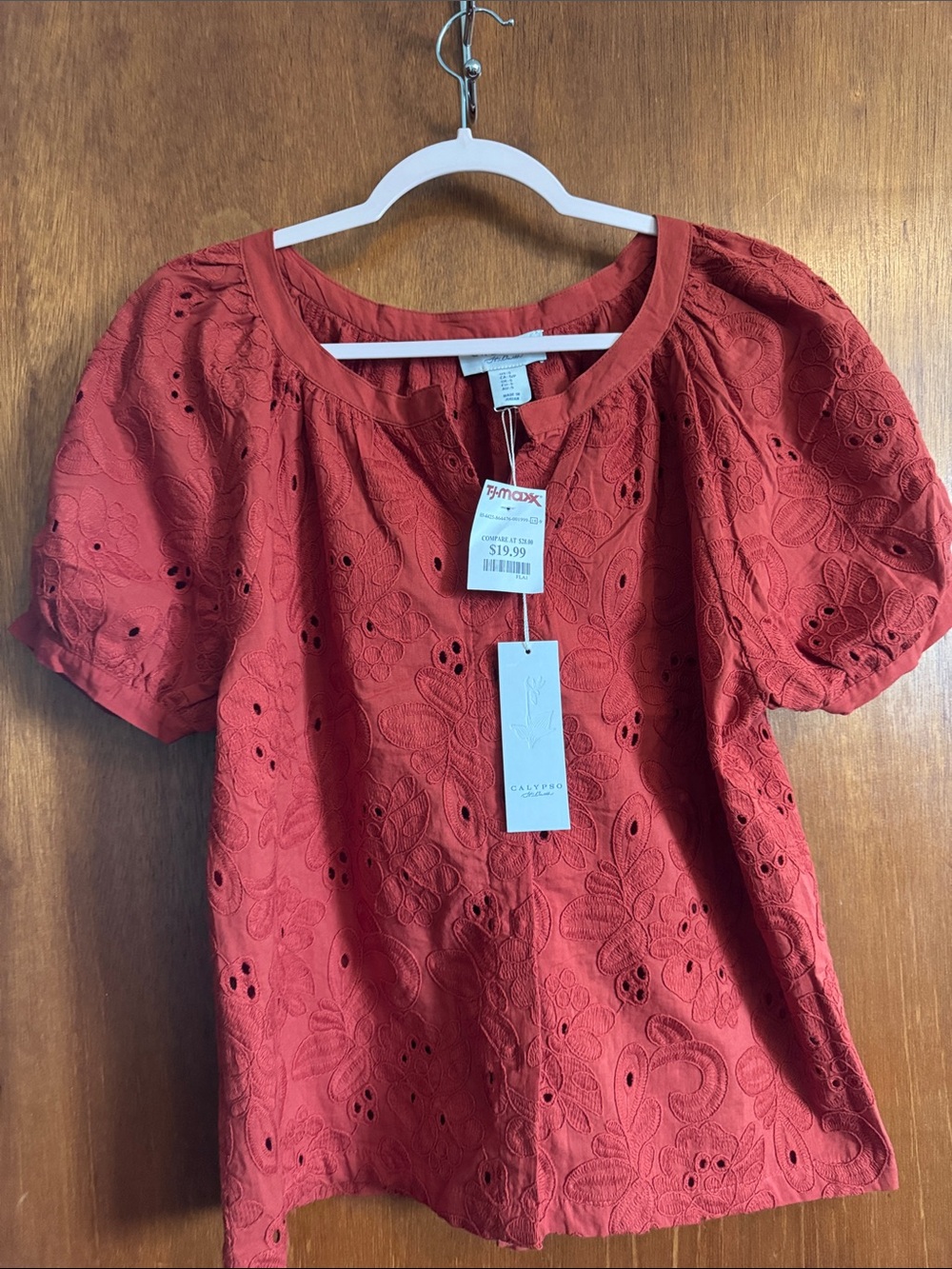 Calypso St. Barth Rust Red Eyelet Puff-Sleeve Blouse